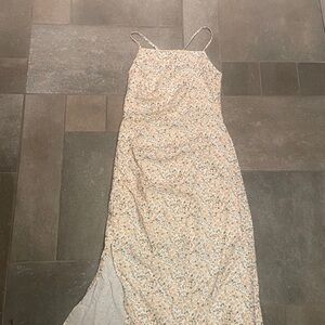 Floral Spaghetti Strap midi Dress size M ruching on the side, slit, BN